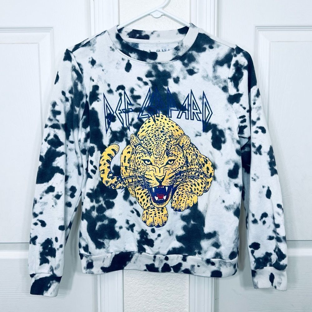 Def Leppard Tie Dyed Crewneck Sweatshirt White Grey Yellow Leopard Band Tee XS